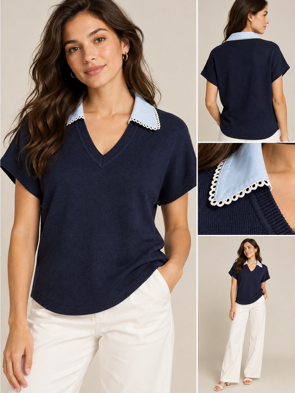 La Vila Milano Womens M Navy Knit Polo Top Blue Contrast Collar Preppy